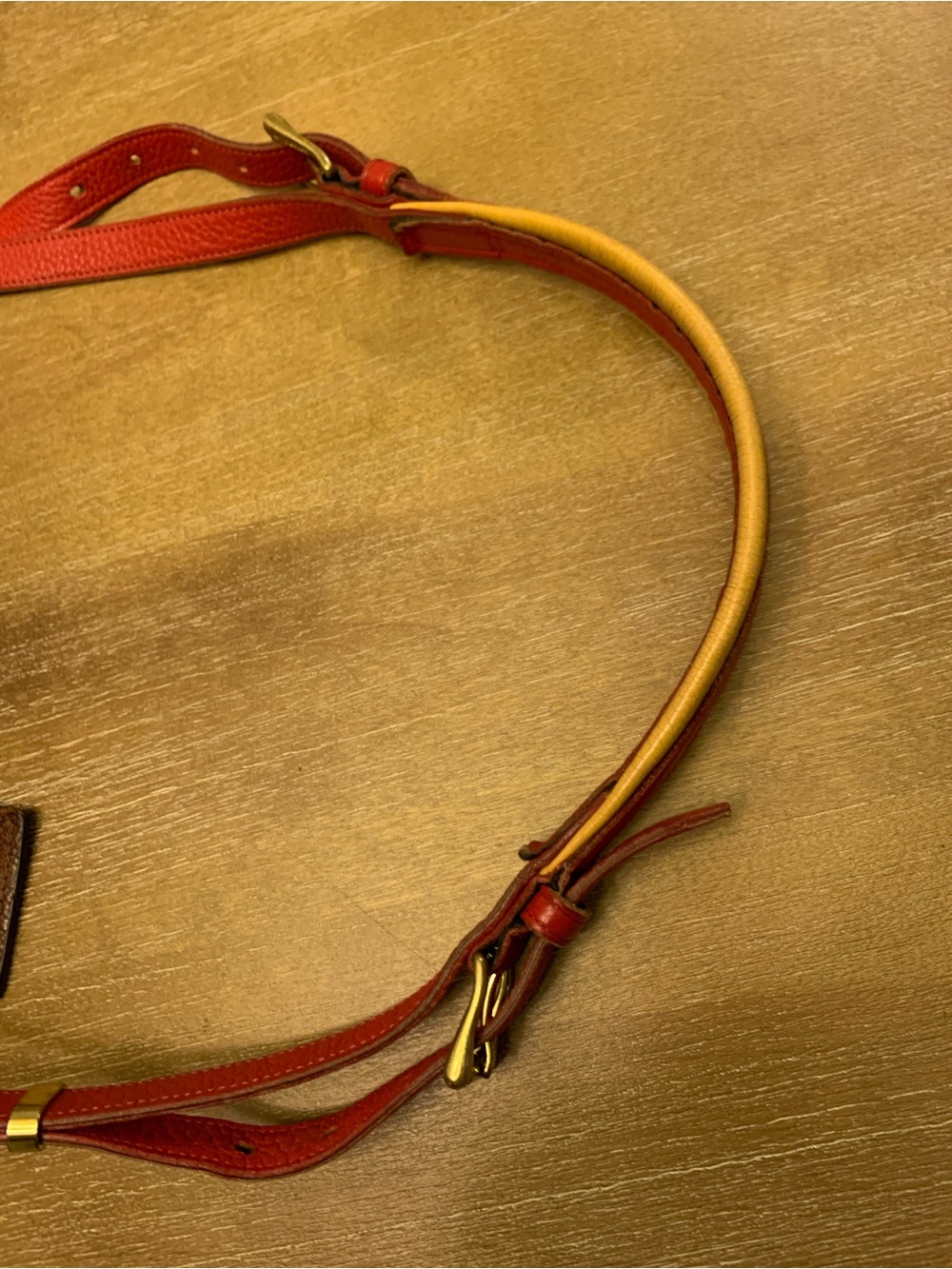 Dooney & Bourke Navy, Red & Yellow Leather Drawstring Bucket Bag - Picture 9 of 16